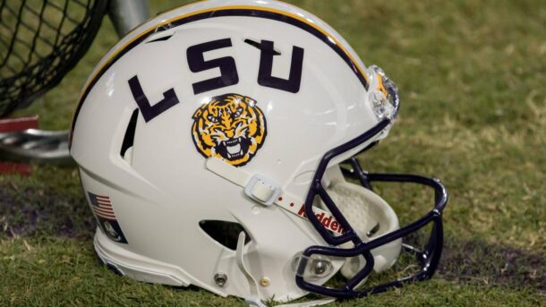 LSU helmet seen before Tigers football game.