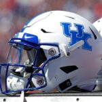 A close-up look at a Kentucky Wildcats football helmet.